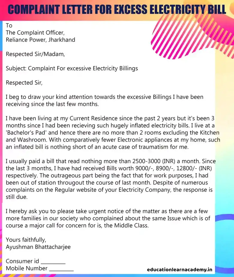Complaint Letter for Excess Electricity Bill - 2 Examples